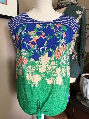 Anthropologie Moulinette Soeurs Green, Blue & Cream Floral Cap-Sleeve Top